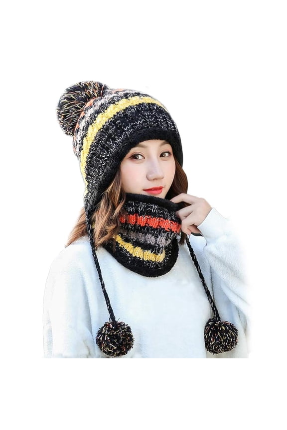 Women Winter Beanie Hat Peruvian Circle Scarf Set Ski Ear Flaps Caps Dual Layered Fleece Lined Pompoms