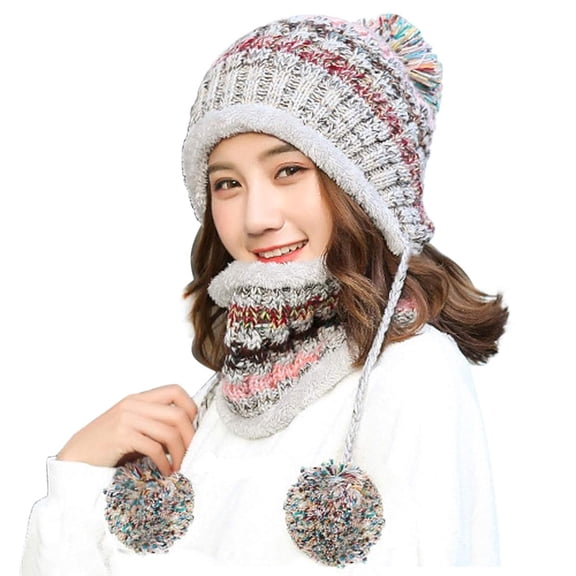 Women Winter Beanie Hat Peruvian Circle Scarf Set Ski Ear Flaps Caps Dual Layered Fleece Lined Pompoms