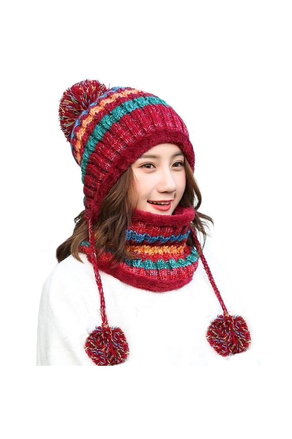 Women Winter Beanie Hat Peruvian Circle Scarf Set Ski Ear Flaps Caps Dual Layered Fleece Lined Pompoms