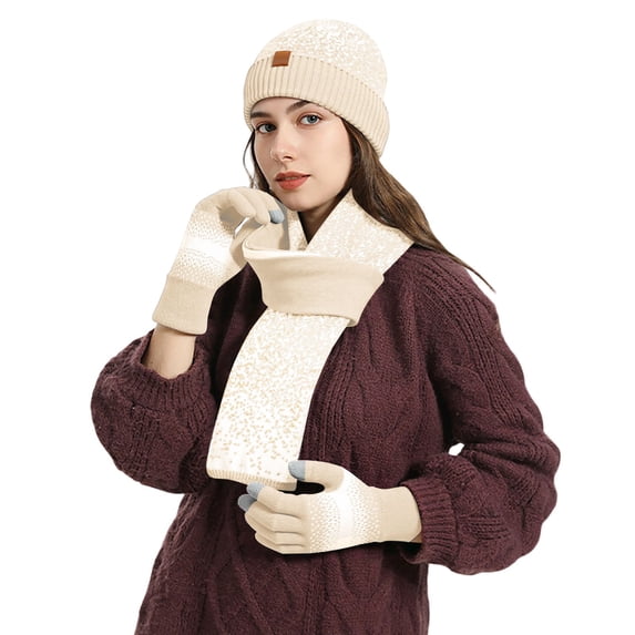 Women Winter Beanie Hat Scarf Gloves Set, Knitted Pompom Hat Warm Neck Scarf Touchscreen Gloves Winter Gift