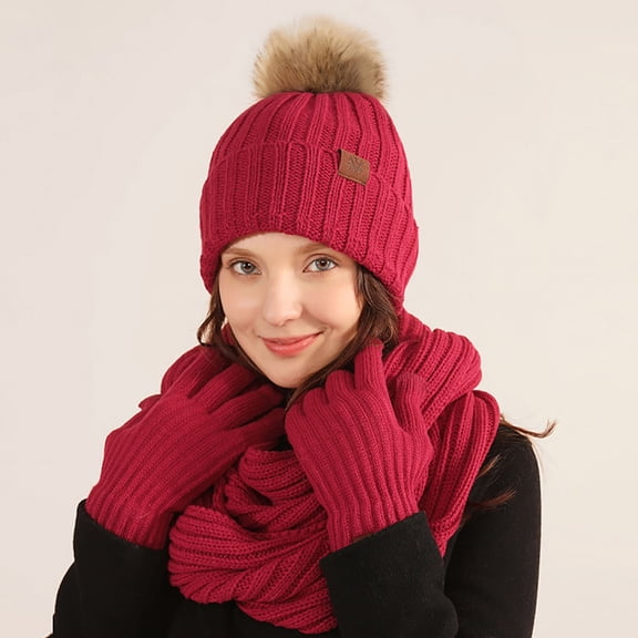Women Winter Beanie Hat Scarf Gloves Set Pompom Cuffed Skull Cap Button Neck Warmer Mittens Cold Weather Fleece Lined Sets