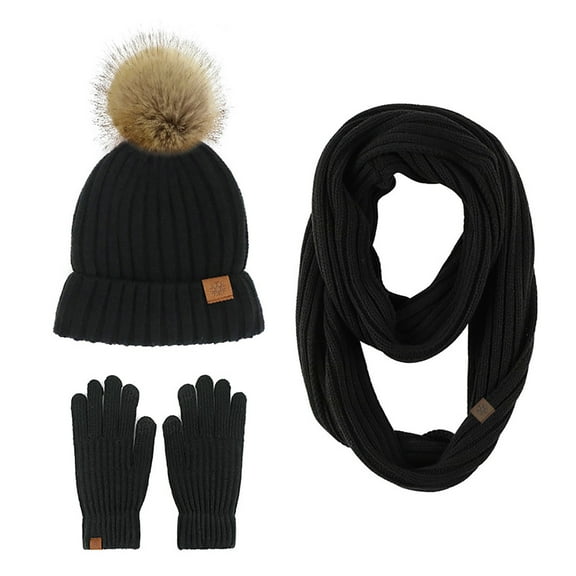 Women Winter Beanie Hat Scarf Gloves Set Pompom Cuffed Skull Cap Button Neck Warmer Mittens Cold Weather Fleece Lined Sets