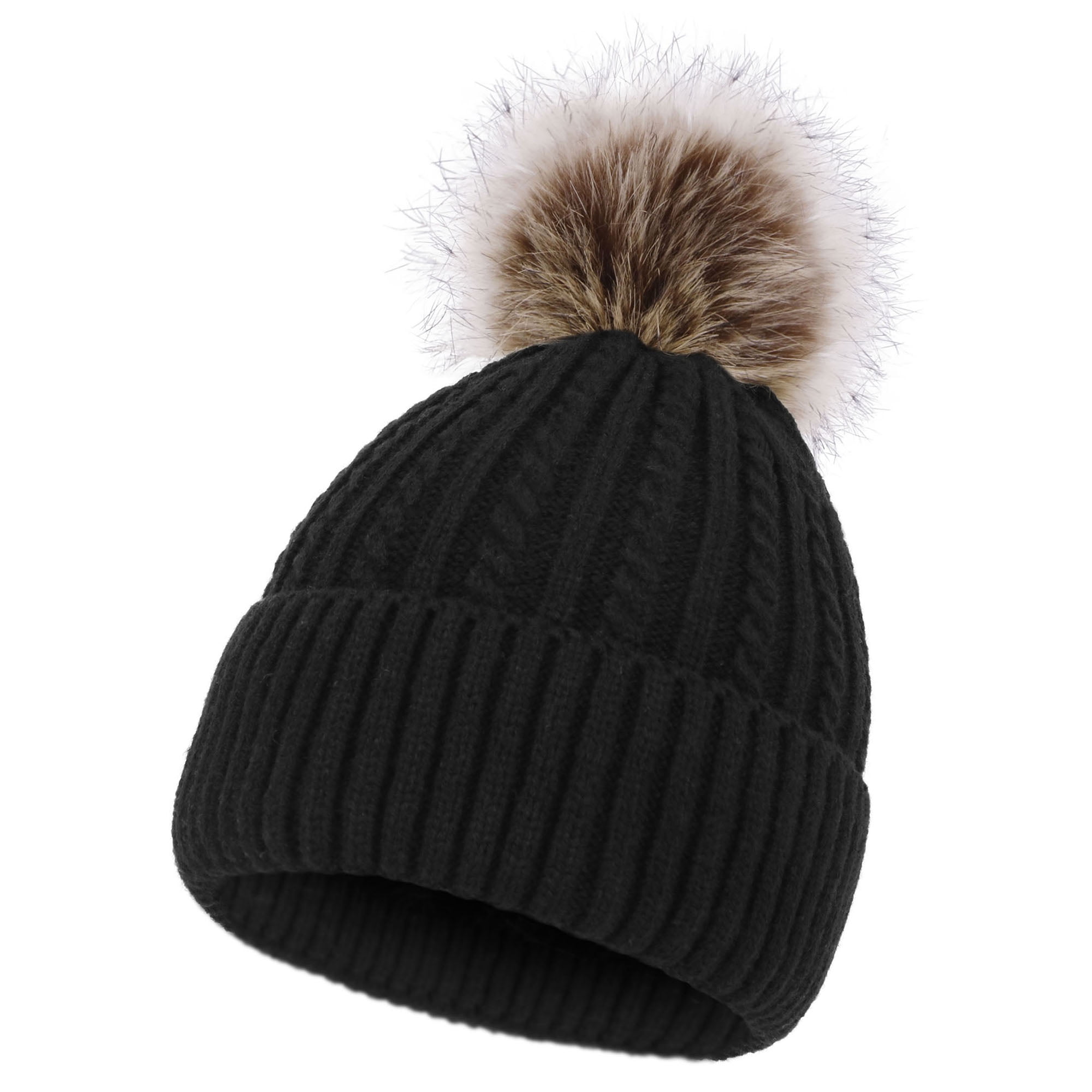 〽️Women Black Winter Pom Pom Beanie Hat with Warm Fleece Lined XL FCH190322-Black-2.jpg?v-cache=  main image 2