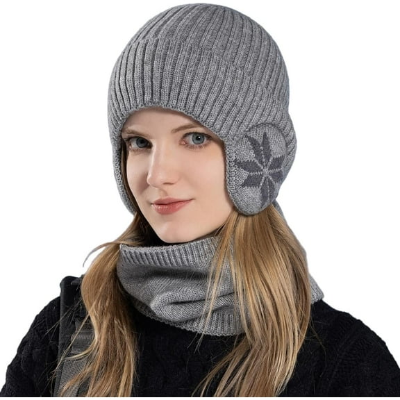 Women Winter Beanie Hat with Face Shield Peruvian Circle Scarf Set Sherpa Ski Ear Flaps Hats Fleece Lined