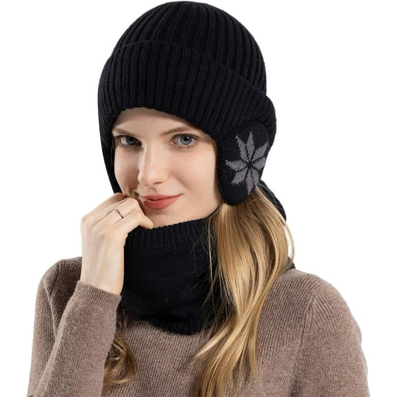 Women Winter Beanie Hat with Face Shield Peruvian Circle Scarf Set Sherpa Ski Ear Flaps Hats Fleece Lined