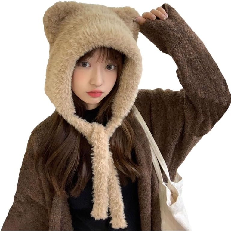 Women Khaki Winter Beanie Hats Knit Ear Flaps Cute Stuffed Bear Ears Fleece Beige Bear Hat, Knit Bear Ear Hat or Bear Beanie, Womens  main image 4