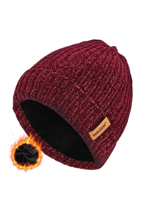 Women Winter Beanie Thick Fleece Lined Knit Beanie Hat Skull Cap, Red Wine