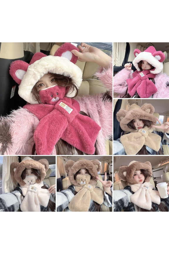 Women Winter Bear Ear Hat Adorable Super Soft Thickened Cold Proof Ear Beanie Plush Hat with Face Guard