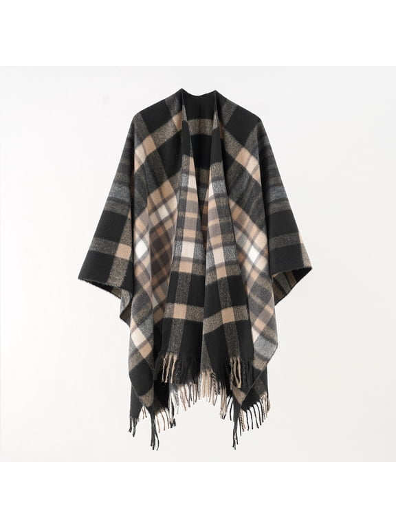 Women Winter Boho Plaid Knitted Shawl Wraps Open Front Cardigan Poncho Cape Soft Warm Oversized Blanket Scarf for Cold Weather Daily Travel Indoor Outdoor Use