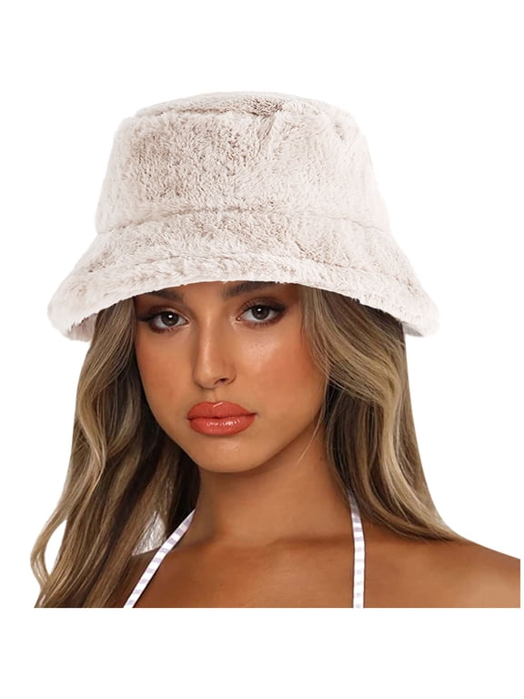 Women Winter Bucket Hat Outdoor Fisherman Cap Wide Brim Soft Warm Caps Comortable Hats Fuzzy Bucket Hat Winter Faux Fur Cozy Warm Plush Fisherman Hat Winter Accessories for Women Beige One Size