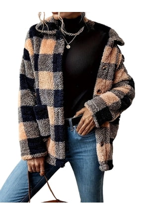 Women Winter Button Front Plaid Pattern Double Pocket Drop Shoulder Flannel Coat Long Sleeve Jacket Outwear Black XL