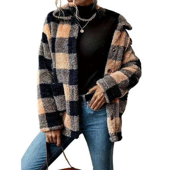Women Winter Button Front Plaid Pattern Double Pocket Drop Shoulder Flannel Coat Long Sleeve Jacket Outwear Black XL