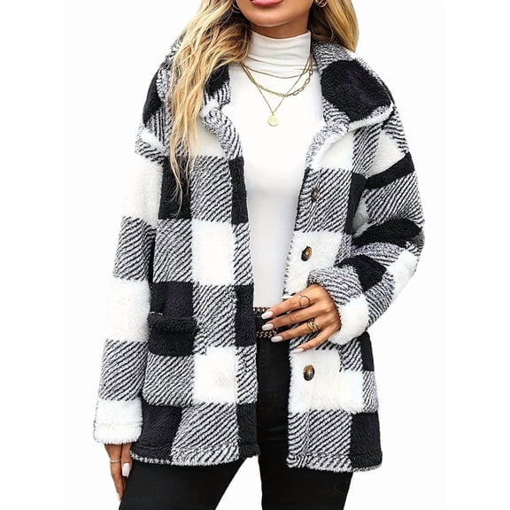 Women Winter Button Front Plaid Pattern Double Pocket Drop Shoulder Flannel Coat Long Sleeve Jacket Outwear White XL