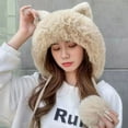 thumbnail image 1 of Women Winter Cartoon Plush Fluffy Cat's Ear Skiing Hat Warm Knitted Hats Fur Beanie Hat Thicken Hat BEIGE, 1 of 7
