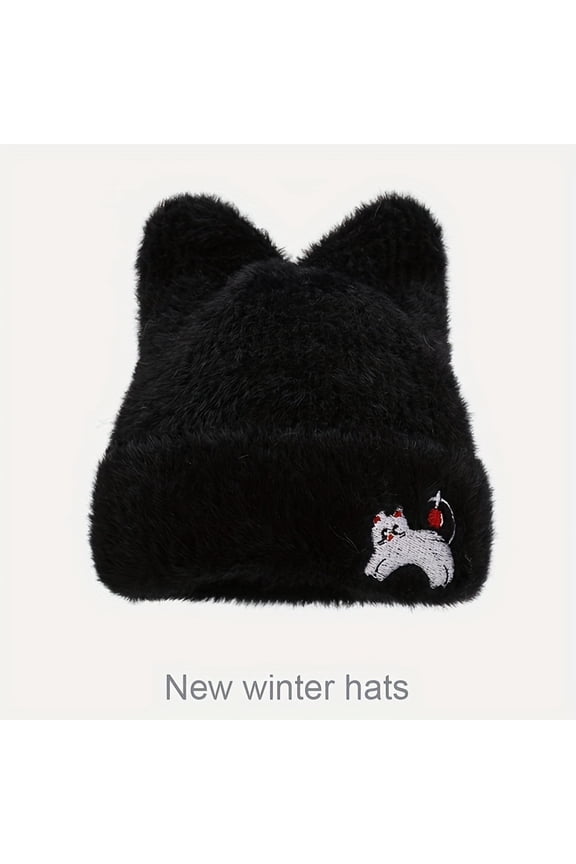 Women Winter Cat Ear Hat - Elastic Foldable Warm Cold-proof Knitted Hat with Soft and plaid Earflaps