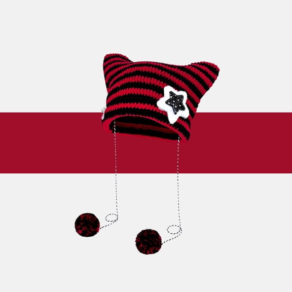 Women Winter Cat Ear Knitted Hat Cute Striped Beanie Warm Soft Pullover Cap