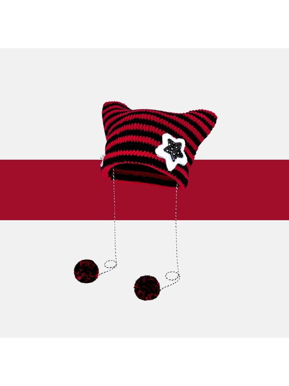 Women Winter Cat Ear Knitted Hat Cute Striped Beanie Warm Soft Pullover Cap