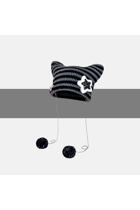 Women Winter Cat Ear Knitted Hat Cute Striped Beanie Warm Soft Pullover Cap