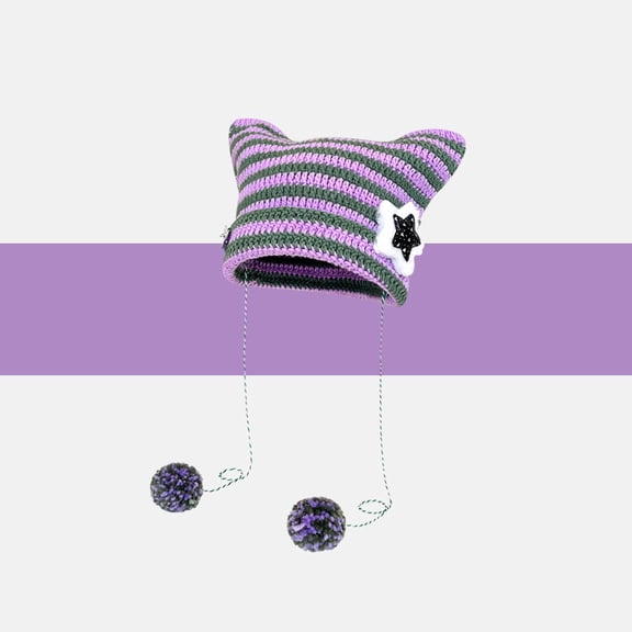 Women Winter Cat Ear Knitted Hat Cute Striped Beanie Warm Soft Pullover Cap