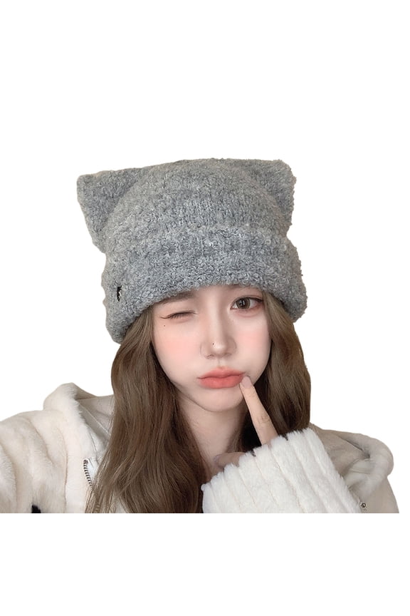 Women Winter Cat Ears Knitted Hat Slouchy Crochet Braided Soft Striped Warm Cap