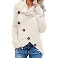 thumbnail image 1 of Women Winter Chunky Knitwear Roll Turtle Cowl Neck Long Sleeve Asymmetric Hem Oblique Button Knitted Sweater Pullover Jumper Outwear Tops, 1 of 2