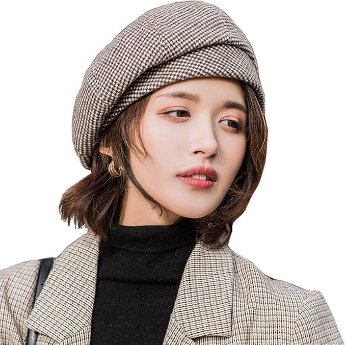 7418 Women Retro Houndstooth Beret Hat Newsboy Caps Fashion Winter Knitted Vintage Houndstooth Beret for Women | Multi-Color Winter Hat  main image 2