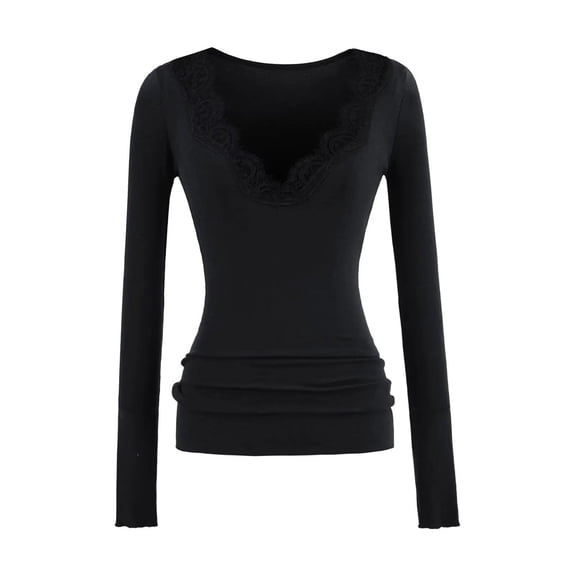 Women Winter Clothes Womens Long Sleeve T Shirts Ndbuld Women's Solid Color Long Sleeved V-neck Lace Patchwork Bottom Shirt Top Black,M