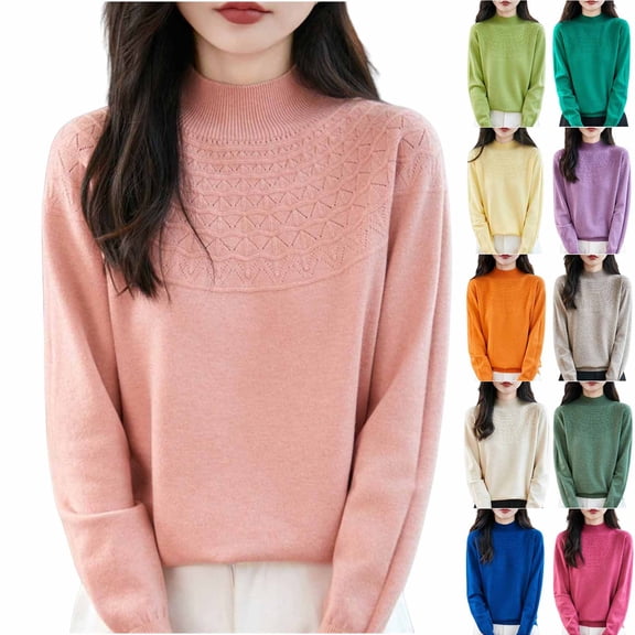 Women Winter Clothes Womens Long Sleeve T Shirts Women's Fashion Casual Solid Color Semi-turtle Neck Loose Bottoming Knitted Bottoming Shirt Top,Pink,XXL