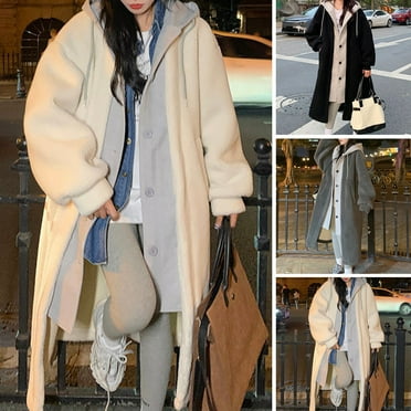 Women Winter Coat - Fake Two-piece Hooded Colorblock Long Sleeve Loose Knee Length Thick Plush Warm Drawstring Single-breasred Overcoat