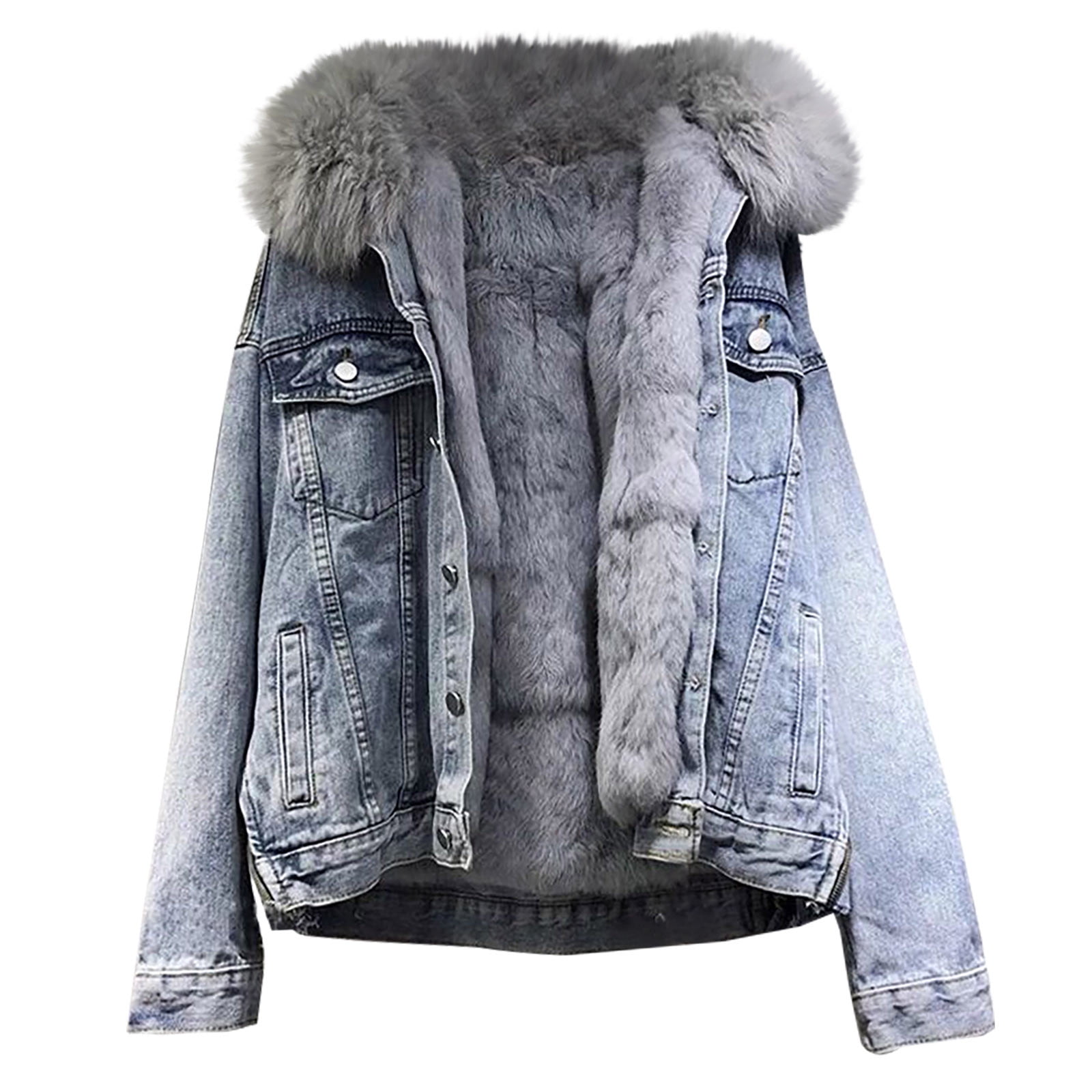 Women Winter Coat Fashion Denim Jacket, Faux Fur Lined Thicken Casual  Outwear with Fur Collar, Women Casual Streetwear