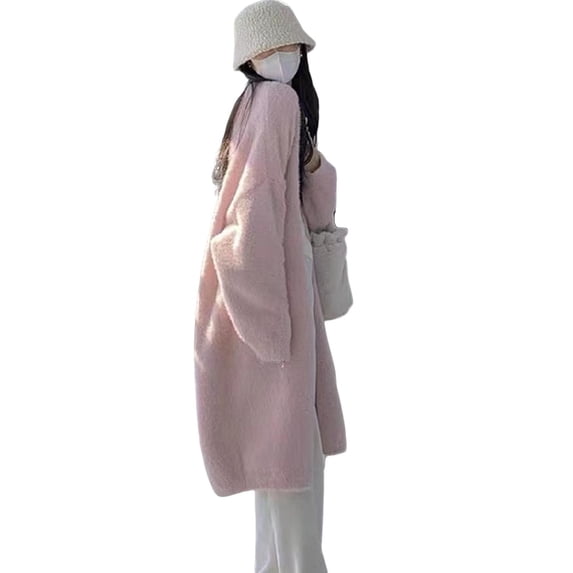 Women Winter Coat Long Sleeves Thickened Plush Solid Color Mid-calf Length Cozy Cardigan Temperature Lock Windproof Overcoat