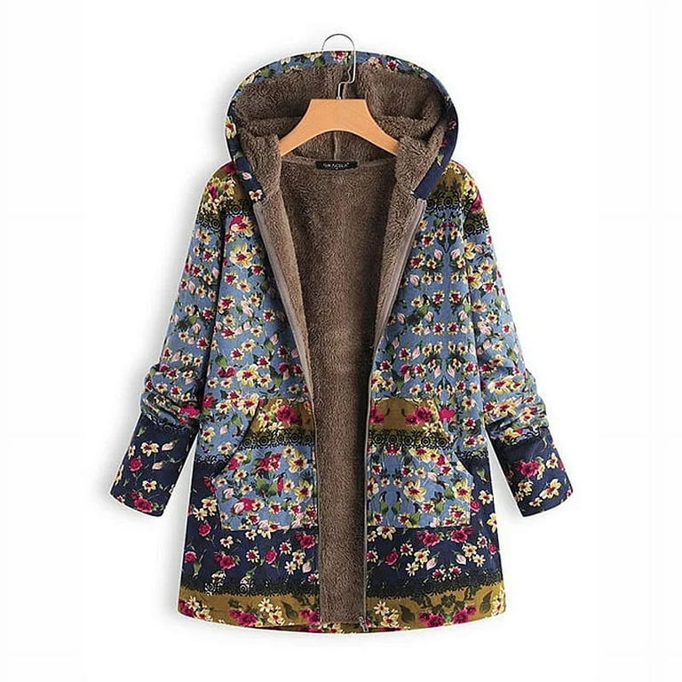 Women Winter Coat Printed Hooded Pockets Warm Fleece Floral Button Coat Jacket