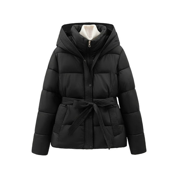 Women Winter Coat Short Puffer Jacket with Belt Hooded Warm Quilted Parka Zip Up Outerwear Thick Fashion Overcoat