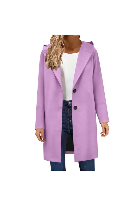 Women Winter Coat Single-Breasted Hood Peacoat Shawl Collar Coat Wool Blend Trench Coats Mid Length Coat Thicken Pea Coat Open Front Jacket Trendy Clothing(Purple,S)