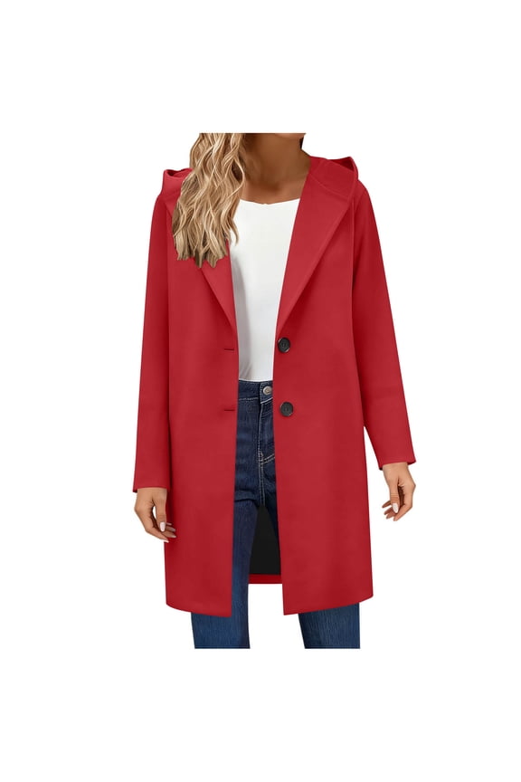 Women Winter Coat Single-Breasted Hood Peacoat Shawl Collar Coat Wool Blend Trench Coats Mid Length Coat Thicken Pea Coat Open Front Jacket Trendy Clothing(Red,S)