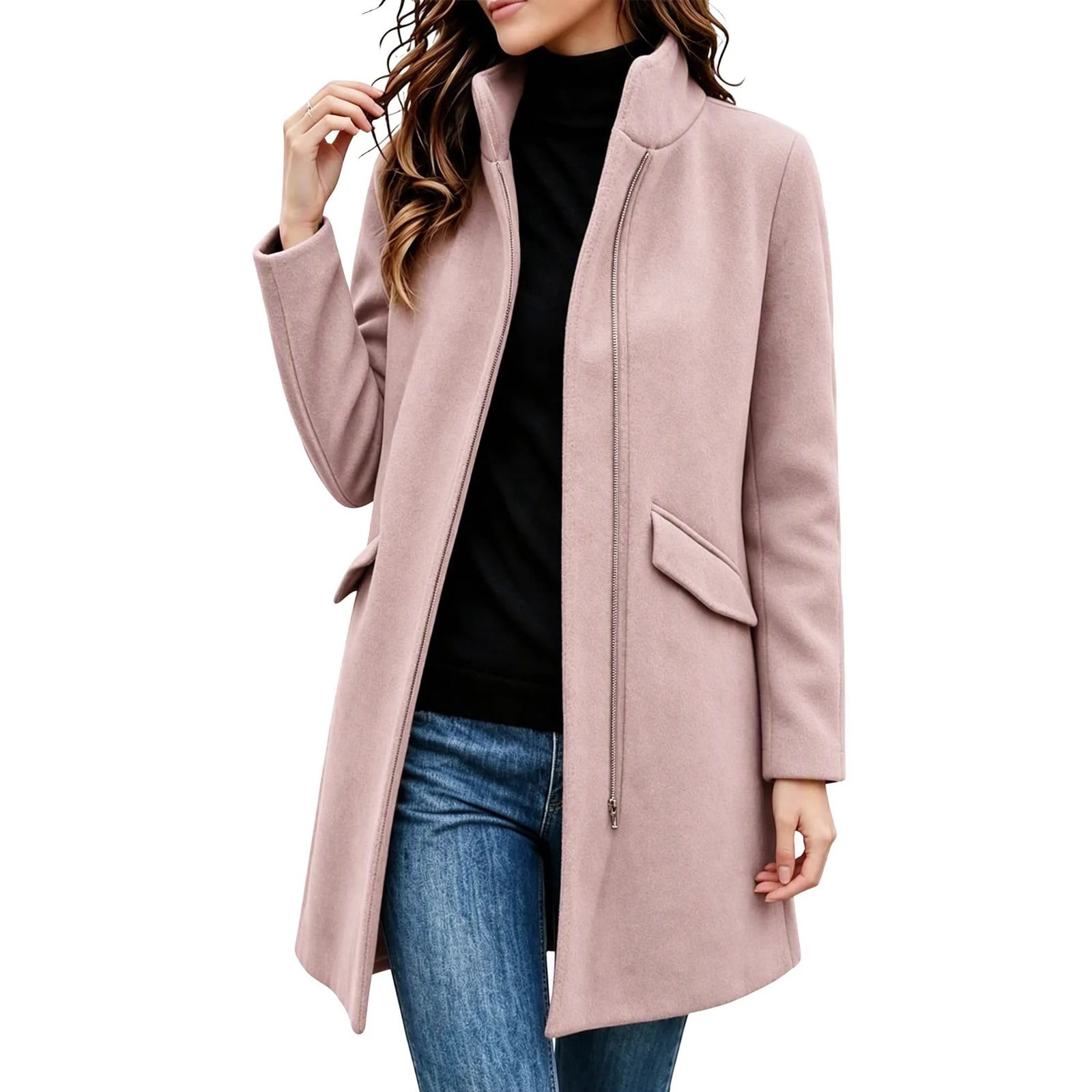 Women Winter Coat Stand Collar Zip Up Trench Coats Long Sleeve Mid Long ...