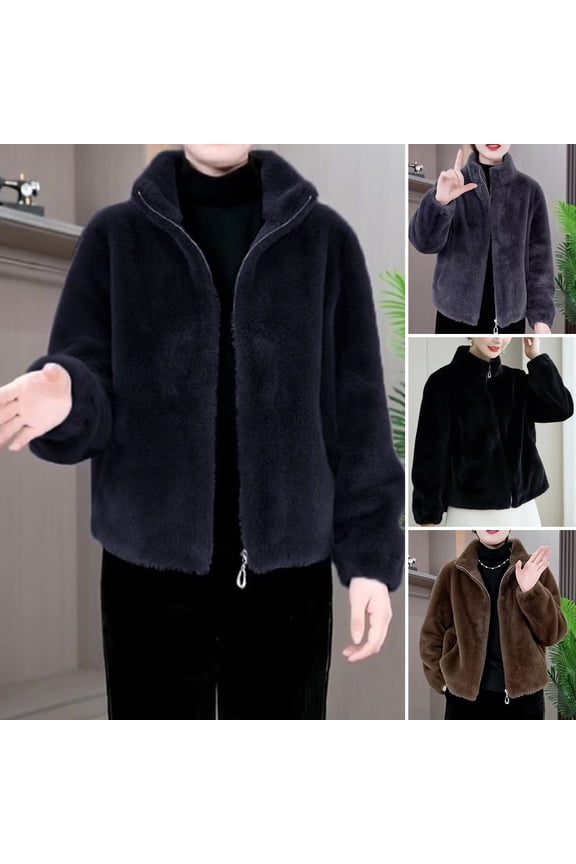 Women Winter Coat Thick Faux Fur Turn-down Collar Short Type Zip-up Cardigan Long Sleeves Cold-proof Outerwear School Outdoor Jacket