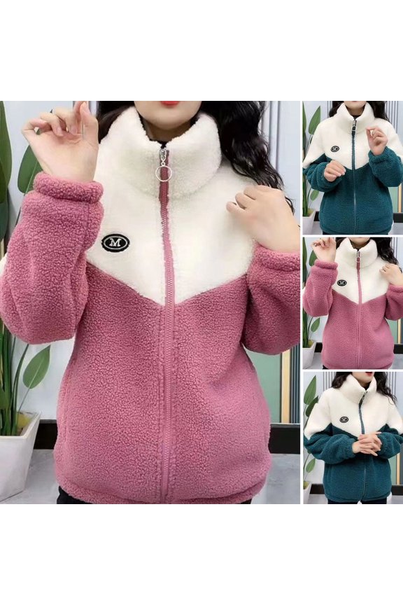 Women Winter Coat Thick Fleece Colorblock Patchwork Stand Collar Neck Protection Zip-up Cardigan Long Sleeves Cold-proof Outerwear School Outdoor Jacket