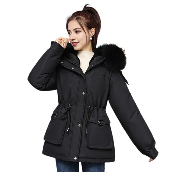 Women Winter Coat Thick Plush Furry Hooded Long Sleeves Pockets Drawstring Waist Zip-up Windproof Mid Length Overcoat Outdoor Outwear