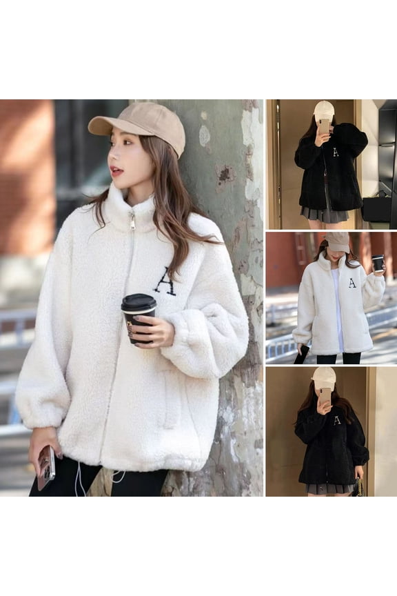 Women Winter Coat Zip-up Stand Collar Letter Embroidery with Pockets Thick Plush Loose Solid Color Cardigan Jacket