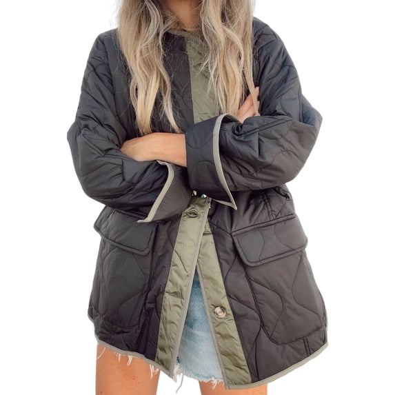 Women Winter Coat with Double Pockets Loose Color Matching Single-breasted Mid Length Casual Daily Wear Jacket