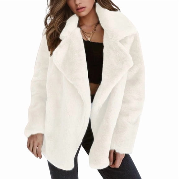 Women Winter Coats Lapel Faux Fur Jackets Open Front Mid-Long Cardigan Coat Casual Warm Winter Outwear Jackets White S