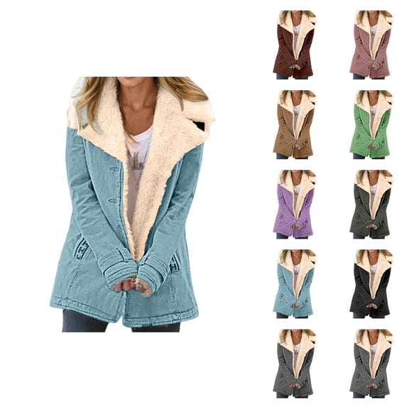 Women Winter Coats Long Sleeve Lined Suede Notch Collar Button Cardigan Coat Outerwear with Pockets