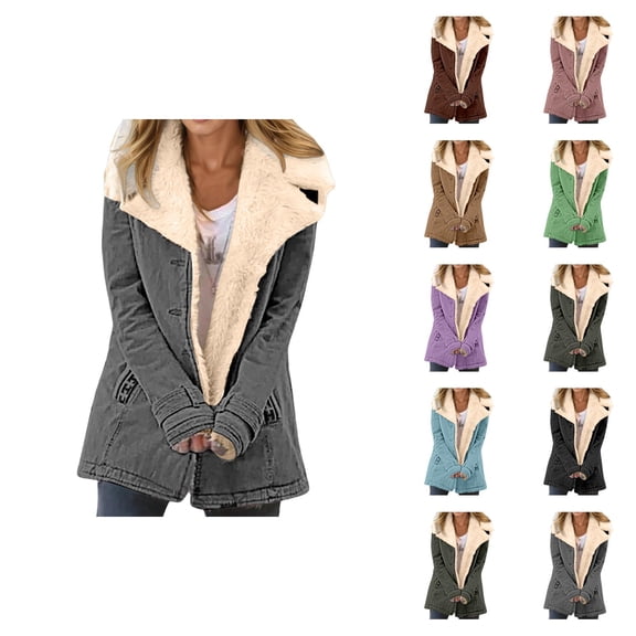 Women Winter Coats Long Sleeve Lined Suede Notch Collar Button Cardigan Coat Outerwear with Pockets