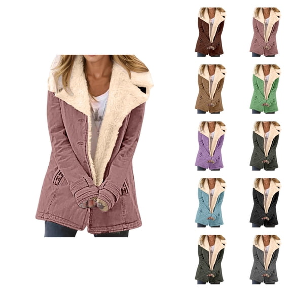 Women Winter Coats Long Sleeve Lined Suede Notch Collar Button Cardigan Coat Outerwear with Pockets