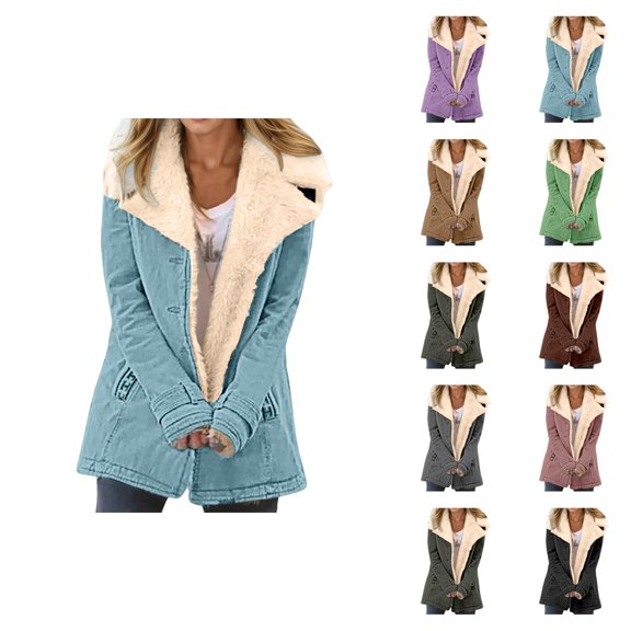 Women Winter Coats Long Sleeve Thermal Suede Notch Collar Button Cardigan Jacket Outerwear with Pockets