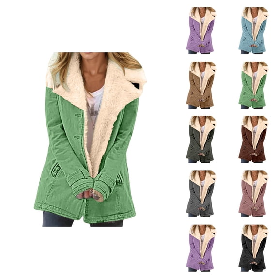 Women Winter Coats Long Sleeve Thermal Suede Notch Collar Button Cardigan Jacket Outerwear with Pockets