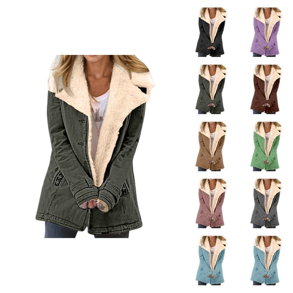 Women Winter Coats Long Sleeve Thick Warm Notch Collar Suede Button Cardigan Coat with Pockets Outerwear
