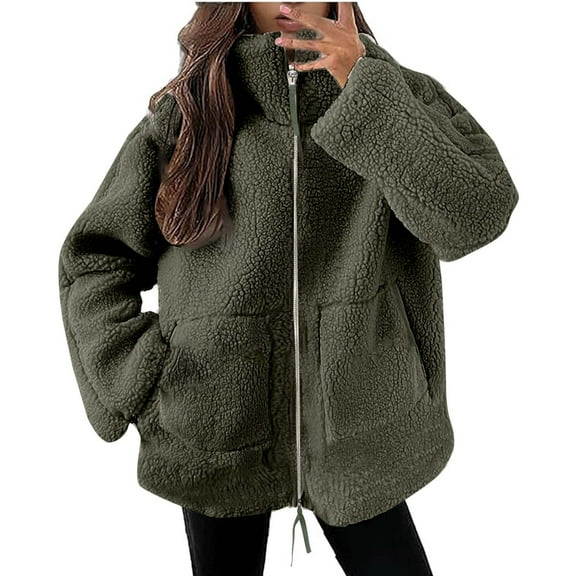 Women Winter Coats Oversized Cozy Faux Fleece Zip Jacket No Hood Stand Collar Warm Fuzzy Sherpa Overcoat (L, Army Green)