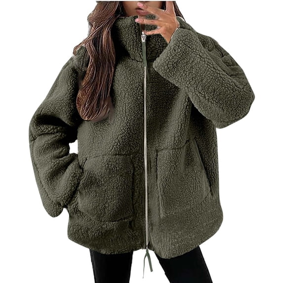 Women Winter Coats Oversized Cozy Faux Fleece Zip Jacket No Hood Stand Collar Warm Fuzzy Sherpa Overcoat (M, Army Green)
